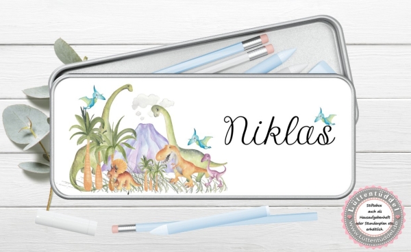 zuckersüße Stiftebox Geschenkdose Metall Dinos mit Name personalisiert zur Einschulung oder nur so für Spickzettel und kleine Briefchen von Lüttentüddel®